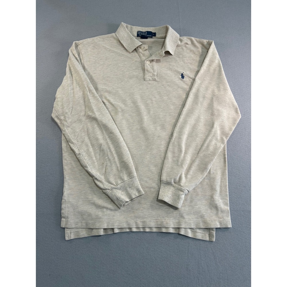 Polo Ralph Lauren Polo Shirt Mens Large Beige Long‎ Sleeve Pique Cotton Pony